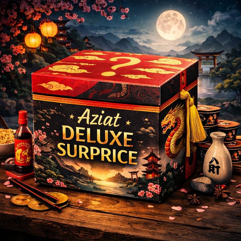 Aziat Deluxe Surprice gift box displayed on wooden table with Asian-inspired backdrop, lanterns, and full moon scenery
