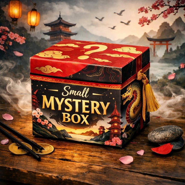 Red and gold decorative mystery box with Asian-inspired design, surrounded by flowers, lanterns, and traditional elements on wooden surface