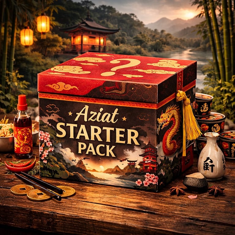 Aziat Starter Pack box displayed on wooden table with Asian-inspired decoration, bottles, and ornaments against mountain landscape background