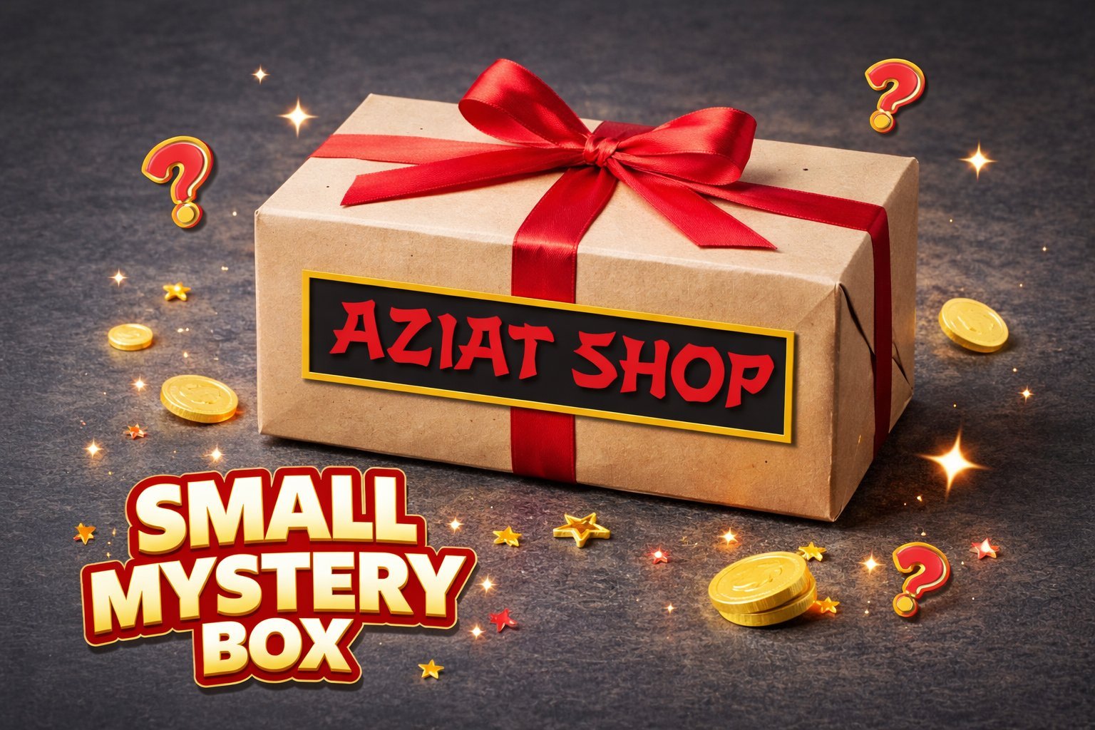 Brown cardboard mystery box with red ribbon bow labeled AZIAT SHOP, surrounded by gold coins and question marks with sparkles.